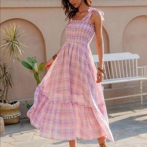 Rusttydustty Tied Shoulder Shirred Bodice Ruffle Hem Plaid